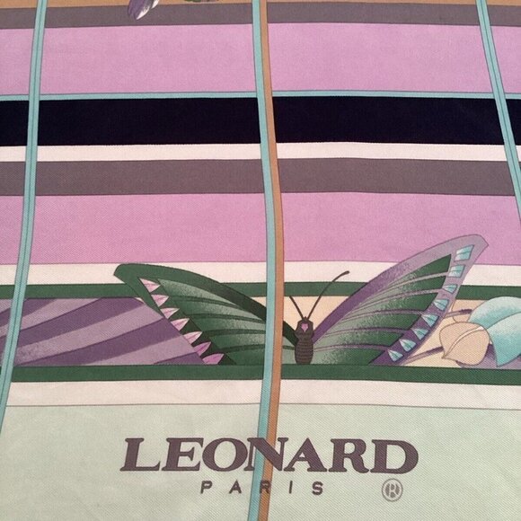 LÉONARD PARIS Purple Floral BIRD Print Scarf Silk Italy 34.5"-33.5" EX COND - Picture 7 of 11
